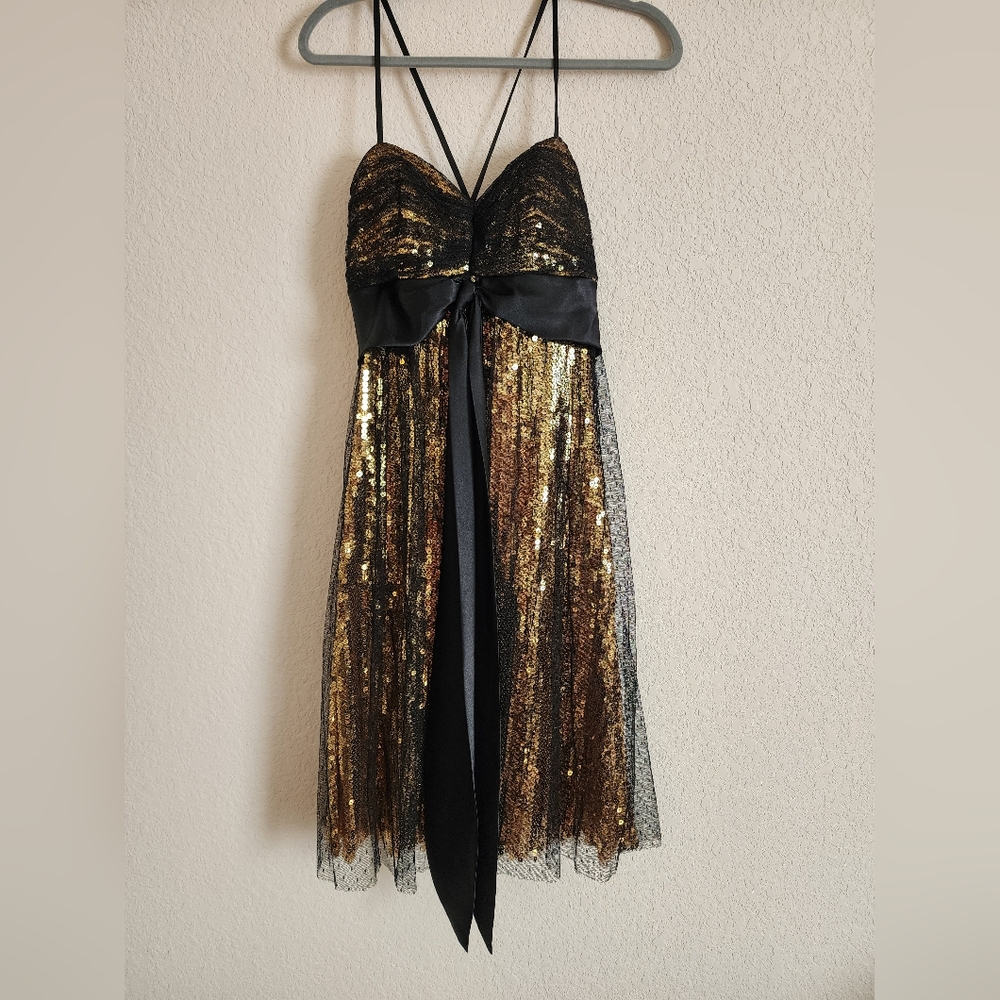 Luxgal gold sequin black lace silk bow midi dress
